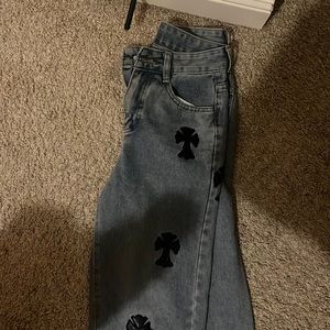 Blue jean chrome heart patched jeans